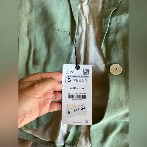 ZARA oversized Linen blend rustic Blazer suit jacket light Mint sage Green sz S - Picture 12 of 16